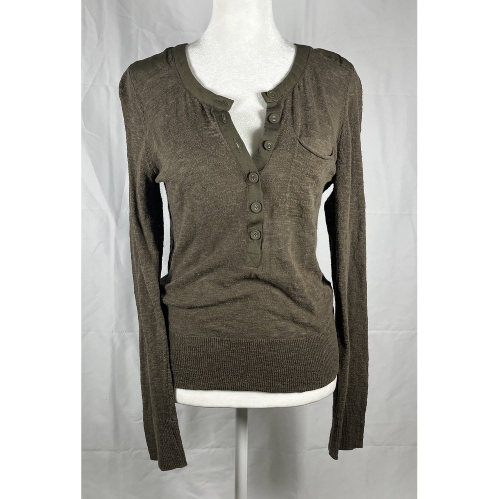 Calvin Klein Womens Henley Shirt Small Sheer Top Military Brown Y2K